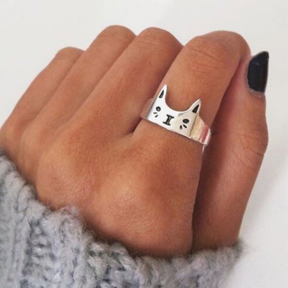 Silver Plated Cat Open Adjustable Ring